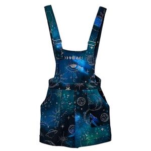 Blackmilk Moon Child Short Overalls Size XS Blue Green Celestial Print Shortalls